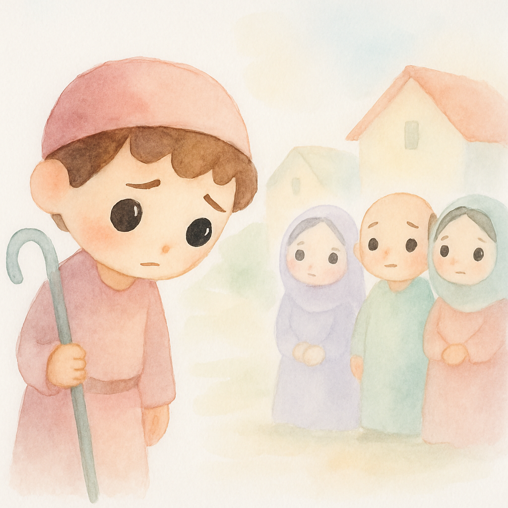 다음 날 소년이 마을 사람들에게 미안하다고 말하는 장면